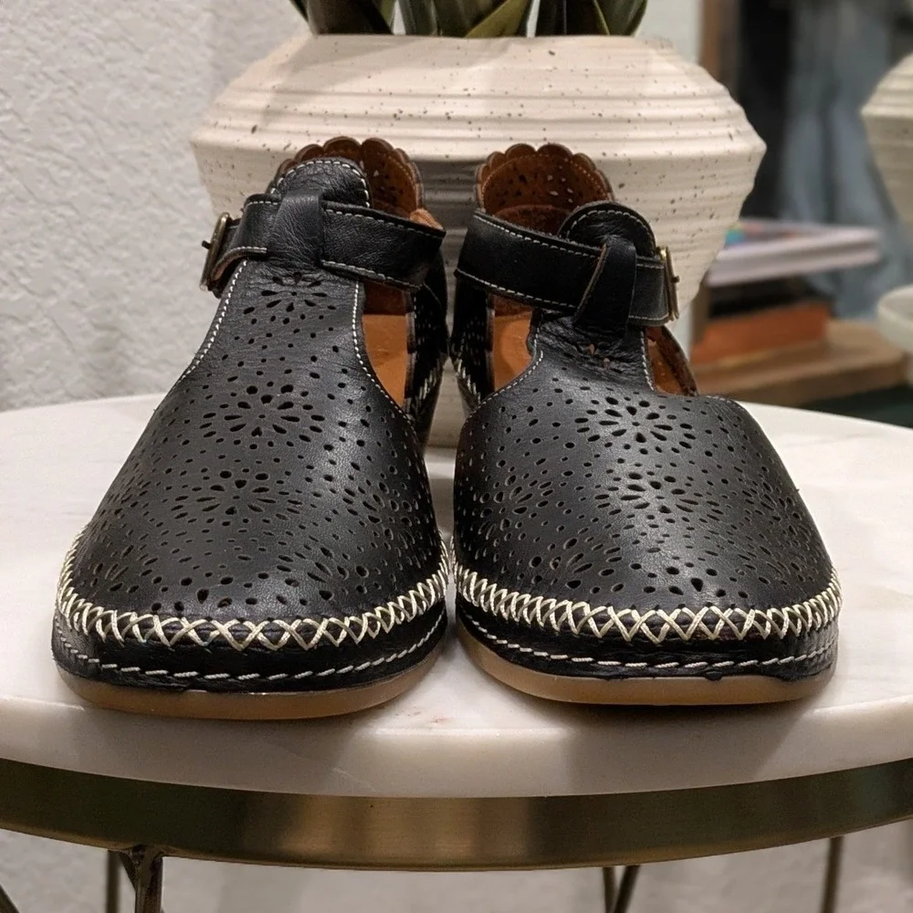 Spring Step Patrizia Airy Wedge Leather T-Strap Flats Black Laser Cut Comfort